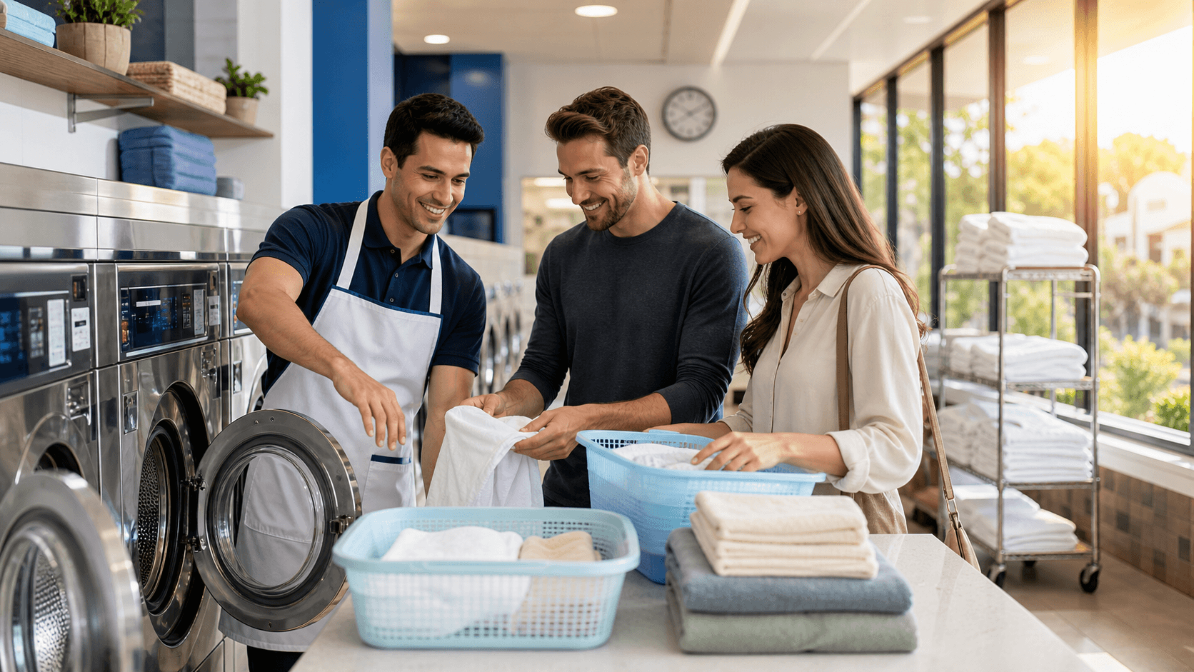 Bright laundry room scene with stacked towels, washing machines, and a map pin icon over a Burbank street map.