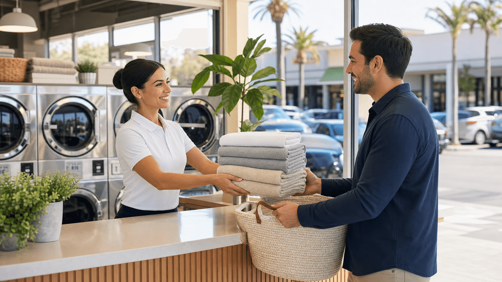 Bright laundromat interior with stainless washers, folding tables, and sunlit windows in a clean, modern layout